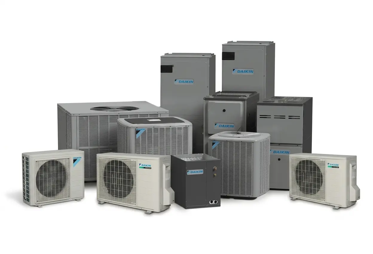 Daikin heating and cooling equipment lineup — outdoor units, air handlers, and furnaces installed by HVAC Services By Vu