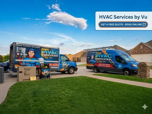 HVAC Services by Vu truck and van on a residential driveway with a Daikin Comfort Pro unit ready for install